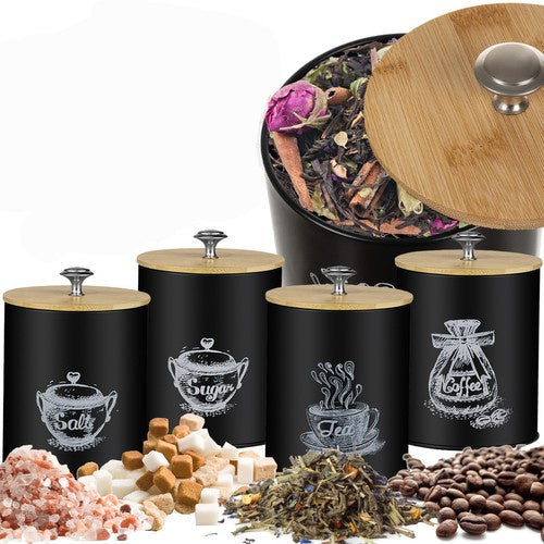 Set 4 piese recipiente bucatarie, Zola, ermetice, 1.5 l, negru mat, capac bambus, 17 x 11 x 11 cm Set 4 piese recipiente bucatarie, Zola, ermetice, 1.5 l, negru mat, capac bambus, 17 x 11 x 11 cm